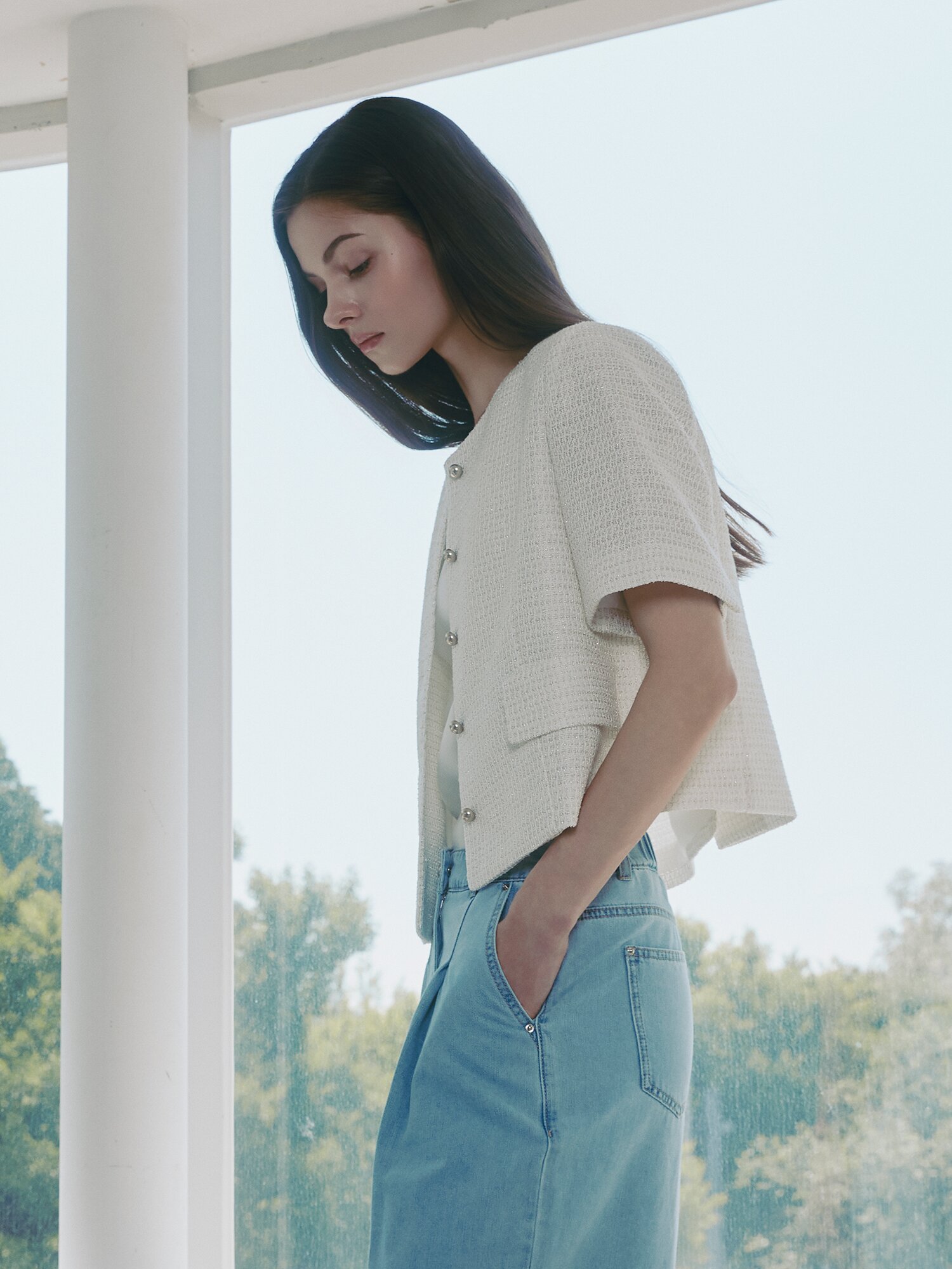 트위드 라운드넥 크롭 재킷 (WHITE)