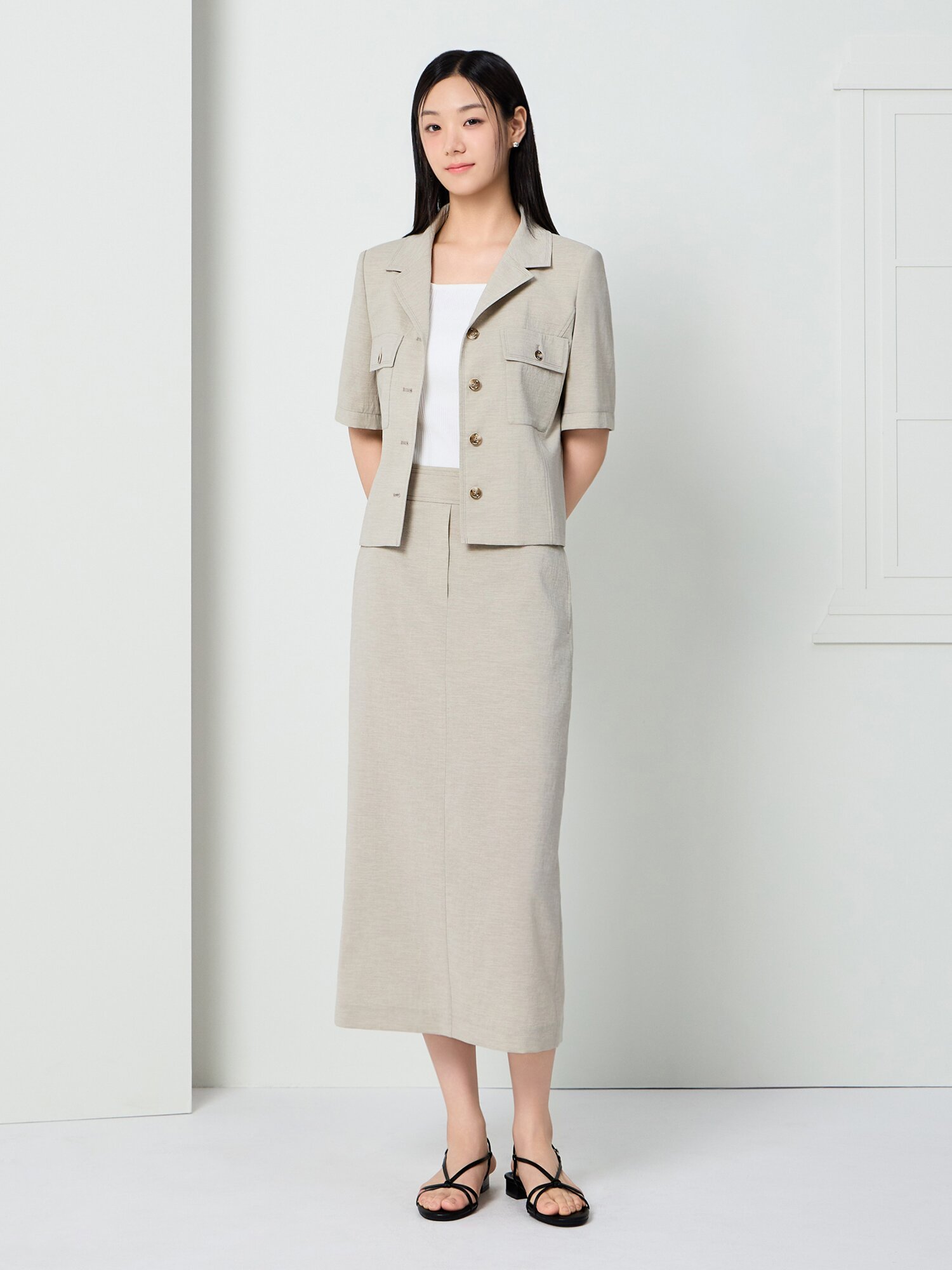백 슬릿 H라인 롱 스커트 (KHAKI BEIGE)