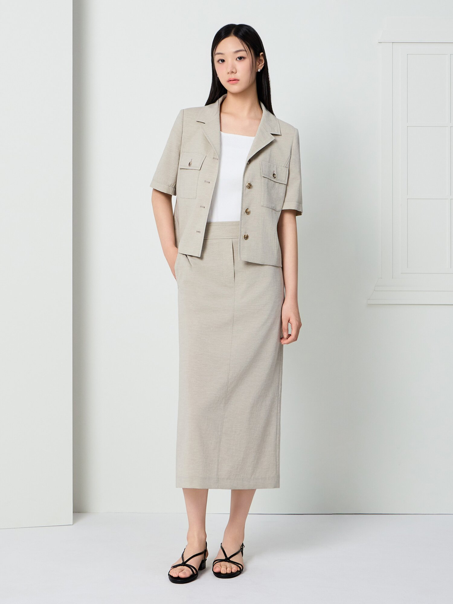 백 슬릿 H라인 롱 스커트 (KHAKI BEIGE)