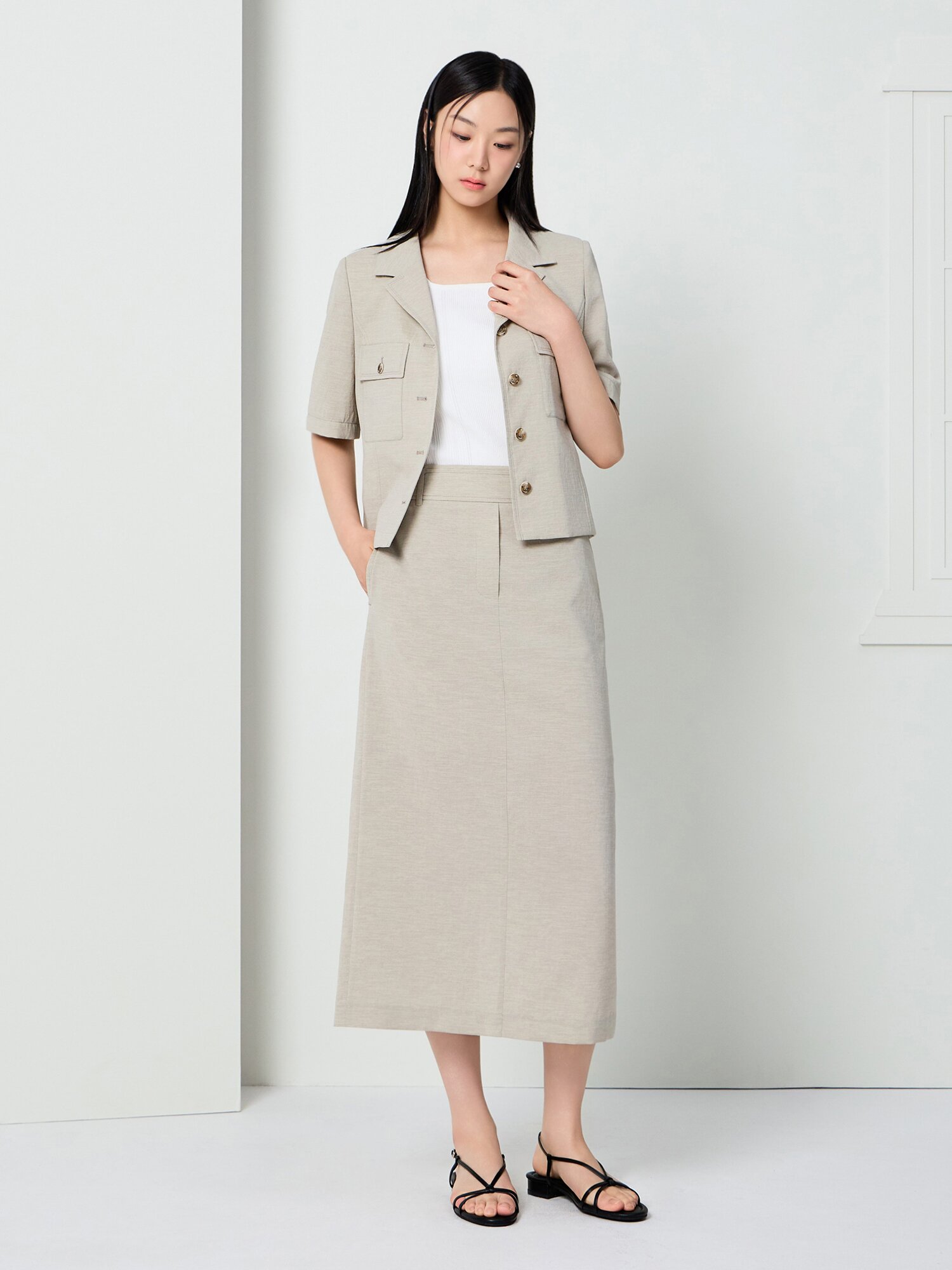 백 슬릿 H라인 롱 스커트 (KHAKI BEIGE)
