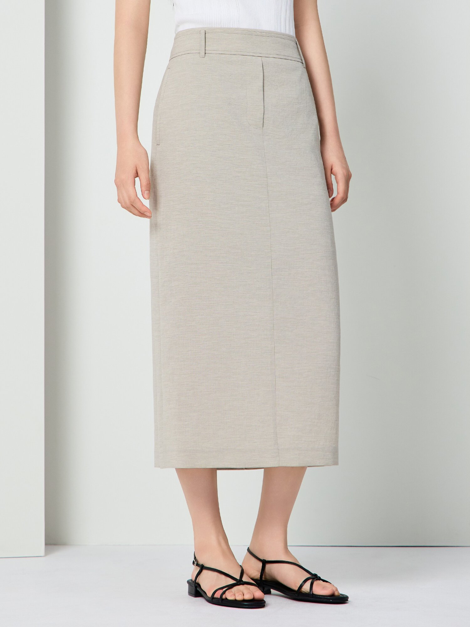 백 슬릿 H라인 롱 스커트 (KHAKI BEIGE)