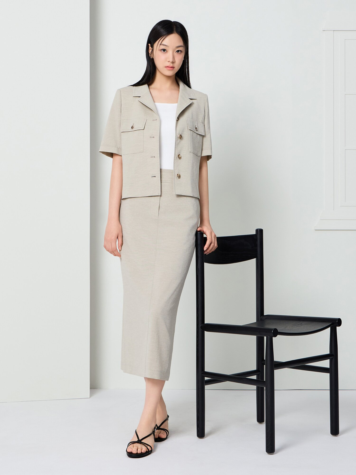 백 슬릿 H라인 롱 스커트 (KHAKI BEIGE)