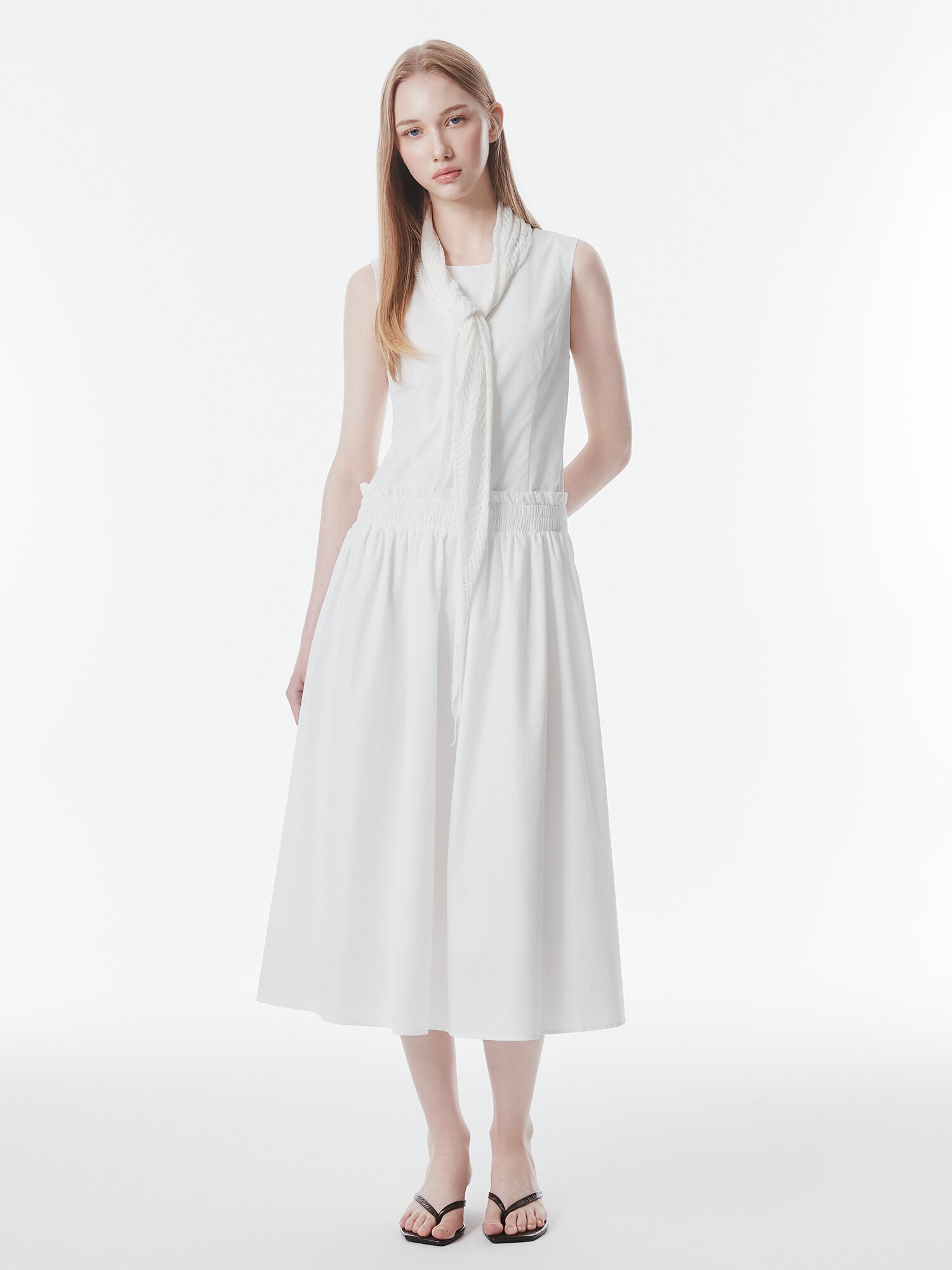 스카프 로우 웨이스트 원피스 (WHITE)
