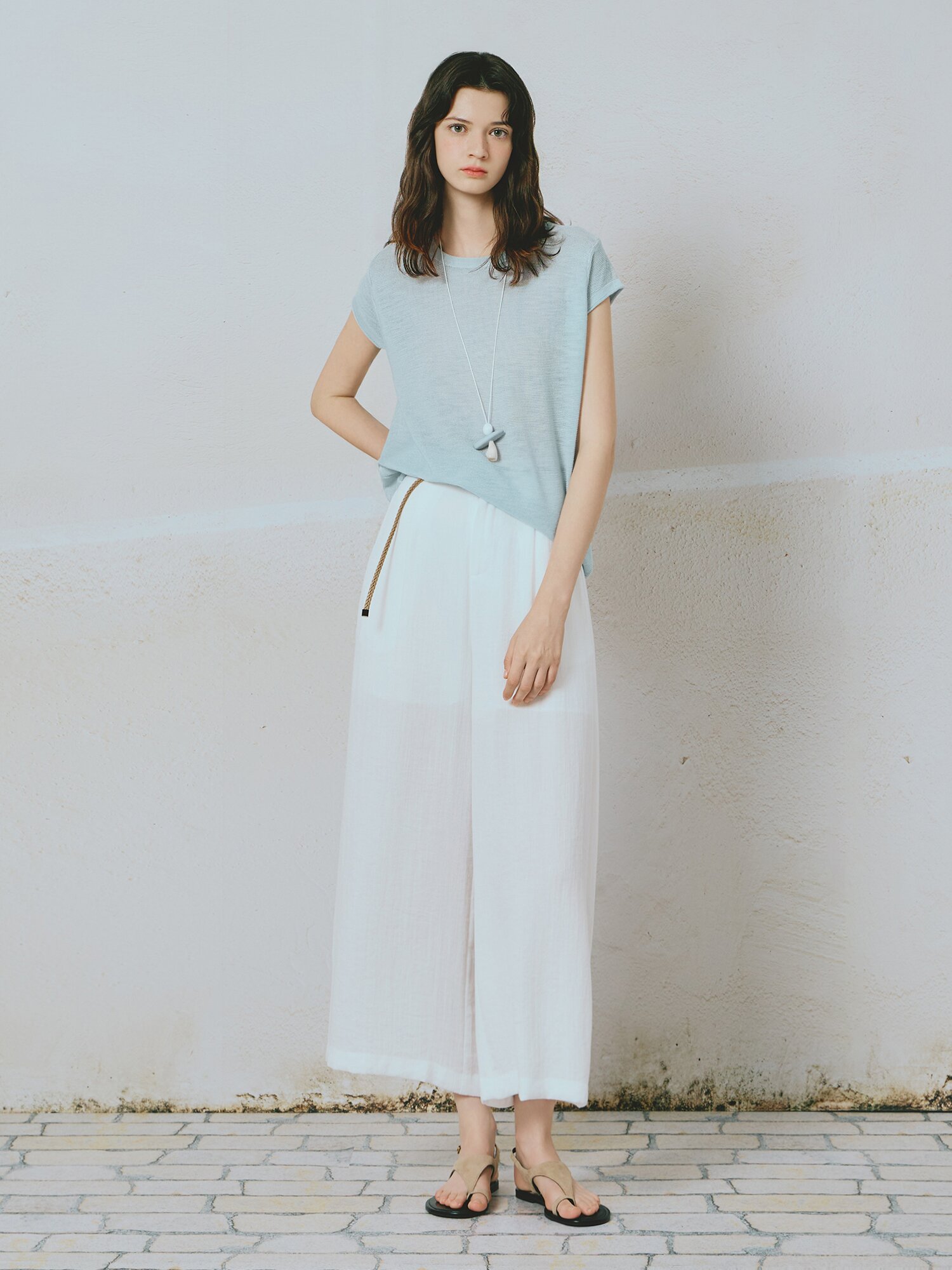 린넨 블렌드 벨티드 와이드 슬랙스 팬츠 (WHITE)