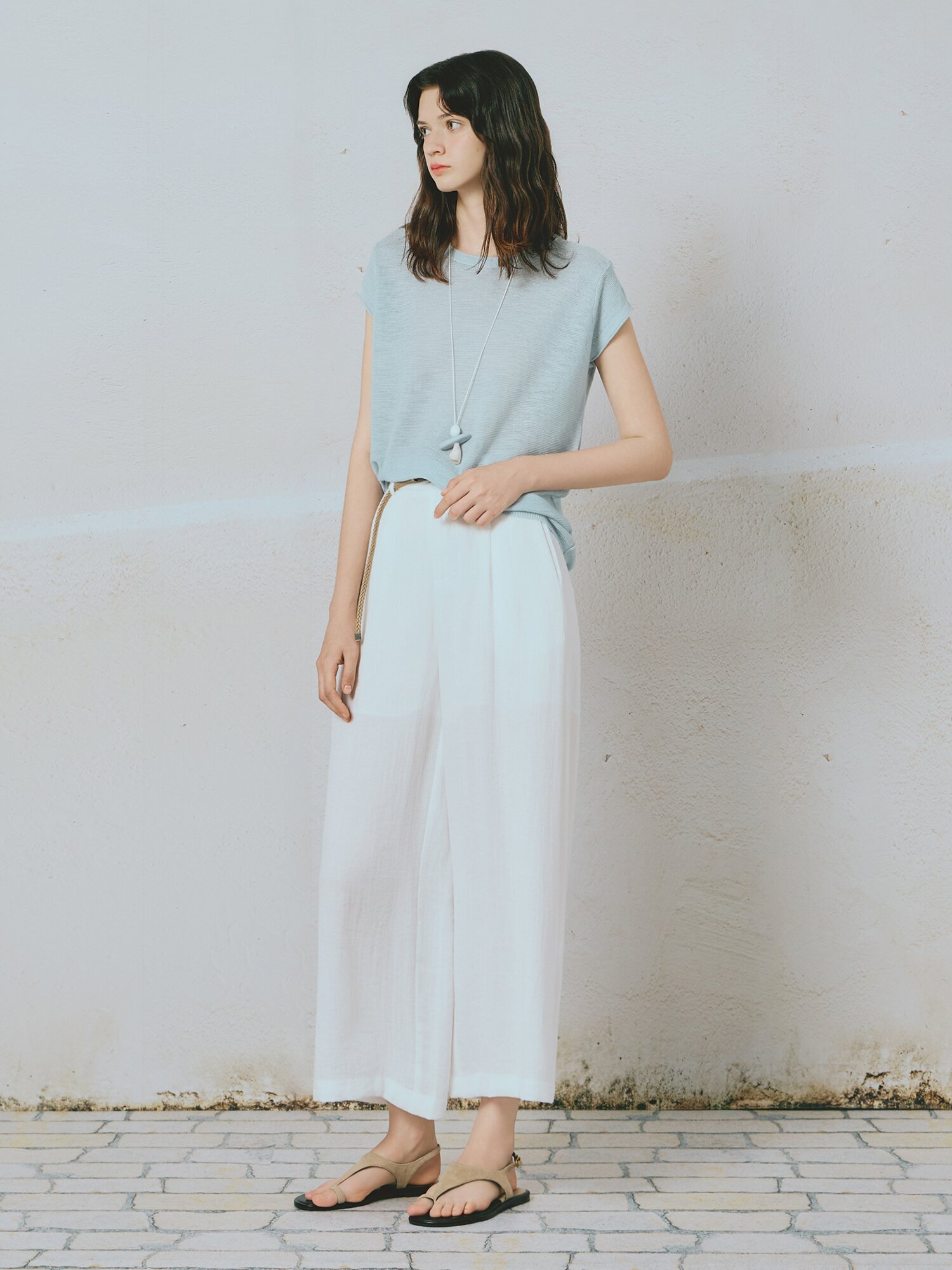 린넨 블렌드 벨티드 와이드 슬랙스 팬츠 (WHITE)