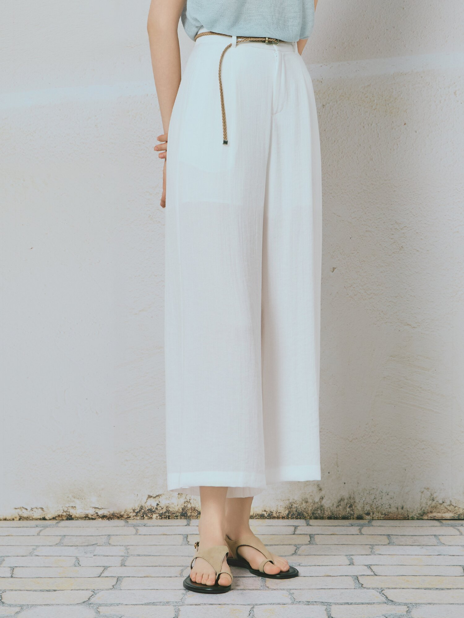 린넨 블렌드 벨티드 와이드 슬랙스 팬츠 (WHITE)