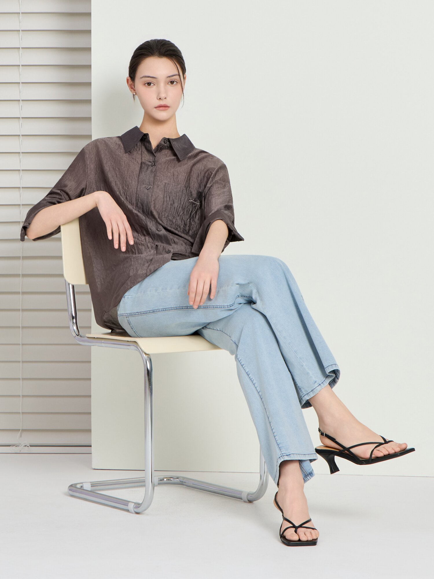 루즈핏 링클 셔츠 블라우스 (BROWN)