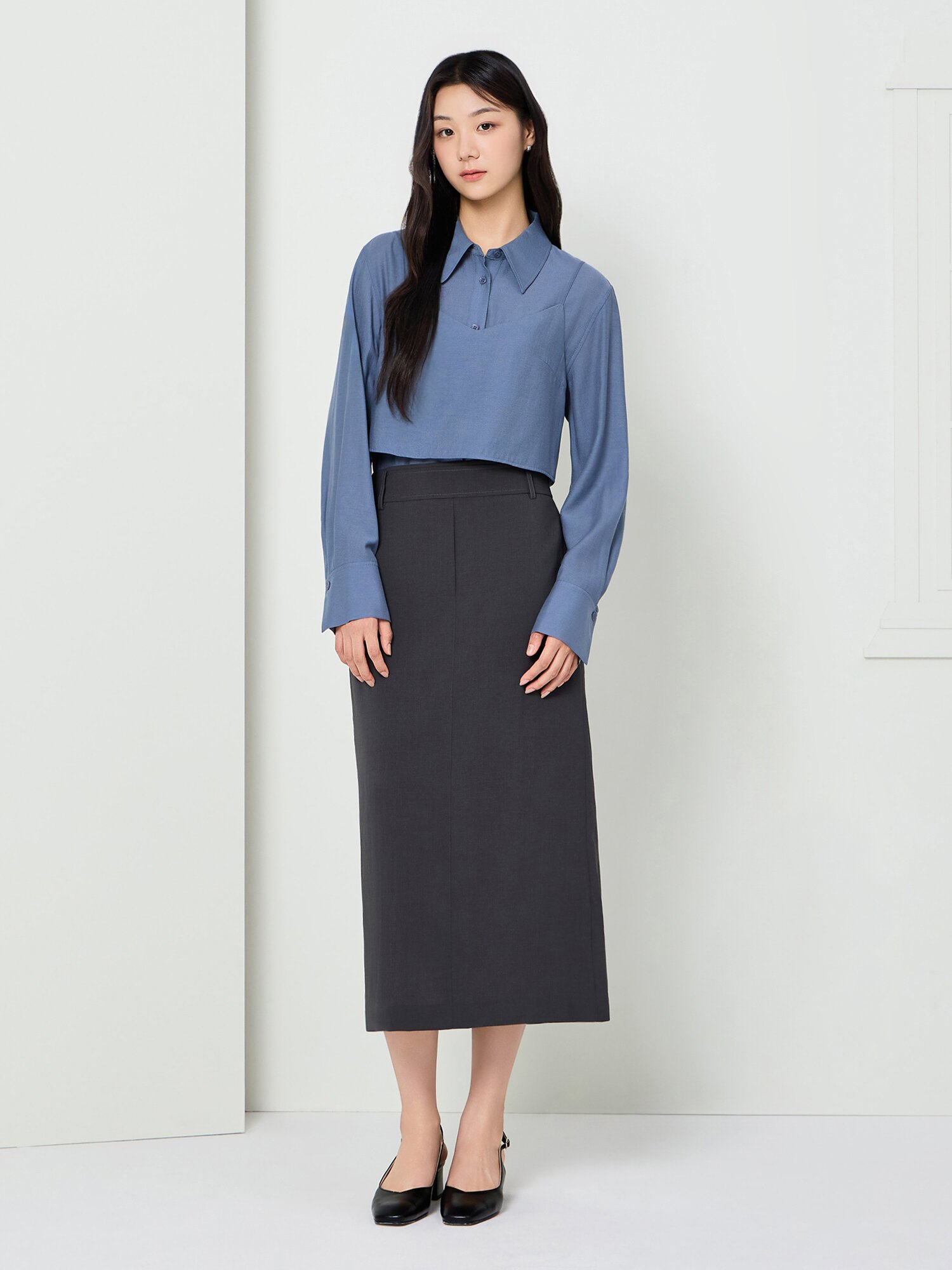 백 슬릿 H라인 롱 스커트 (DARK GREY)