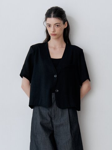 CHIFFON LAYERED SHORT SLEEVE HALF JACKET (BK)