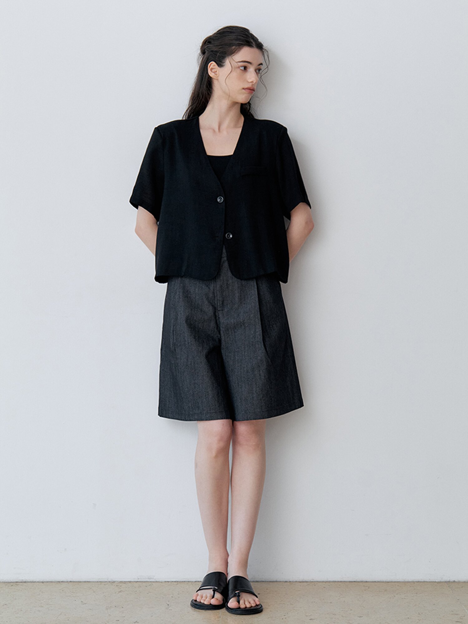 CHIFFON LAYERED SHORT SLEEVE HALF JACKET (BK)