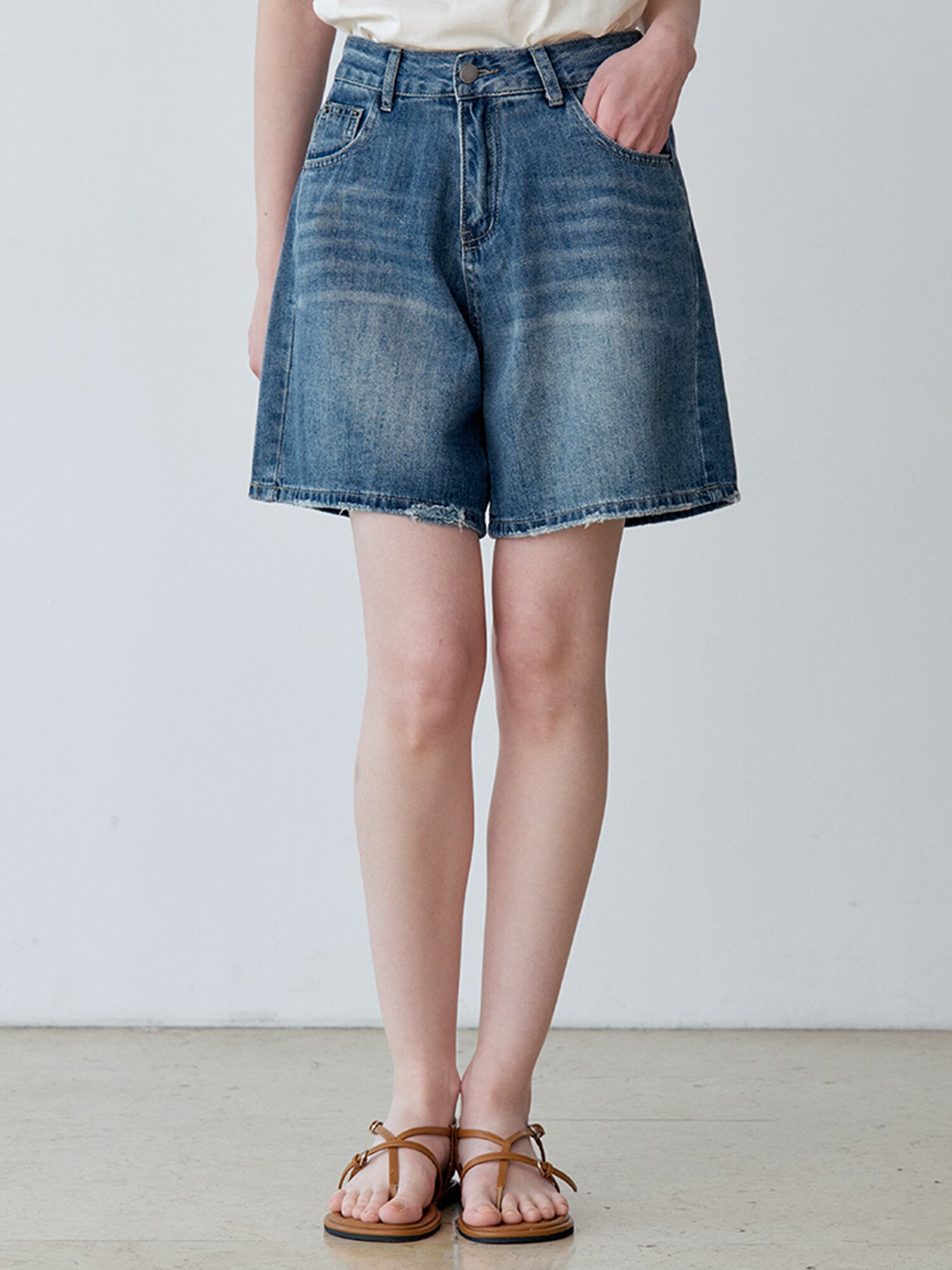 WASHED 4 LENGTH DENIM SHORTS (BL)