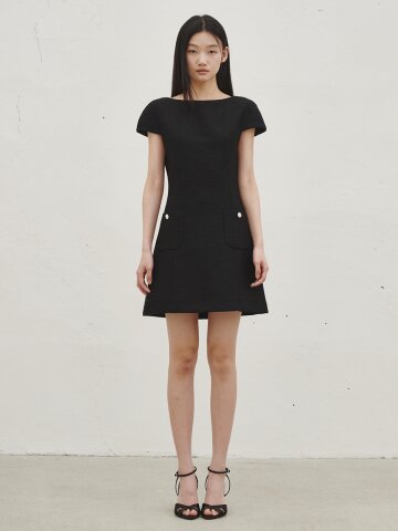 보트넥 트위드 미니 드레스 -블랙 / Boat Neck Tweed Mini Dress - Black