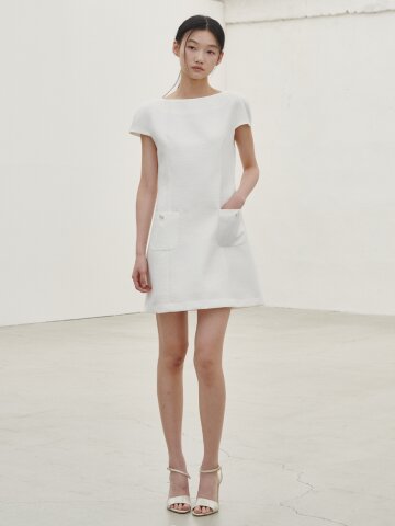 보트넥 트위드 미니 드레스 - 화이트 / Boat Neck Tweed Mini Dress - White