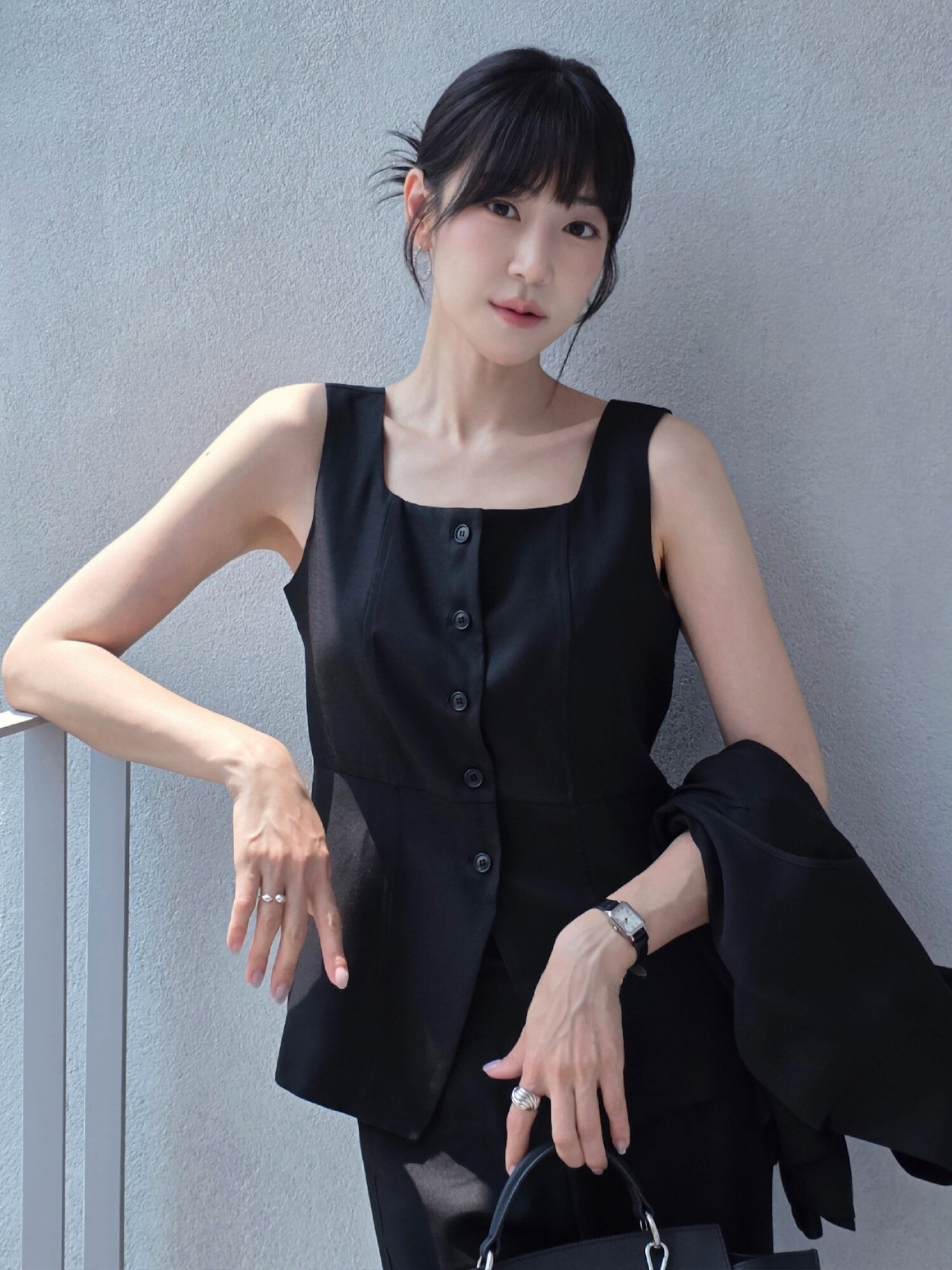 린넨 베스트 블라우스 - 블랙 / Linen Vest Blouse - Black