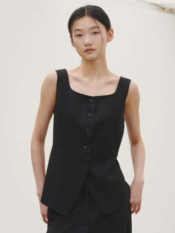 린넨 베스트 블라우스 - 블랙 / Linen Vest Blouse - Black