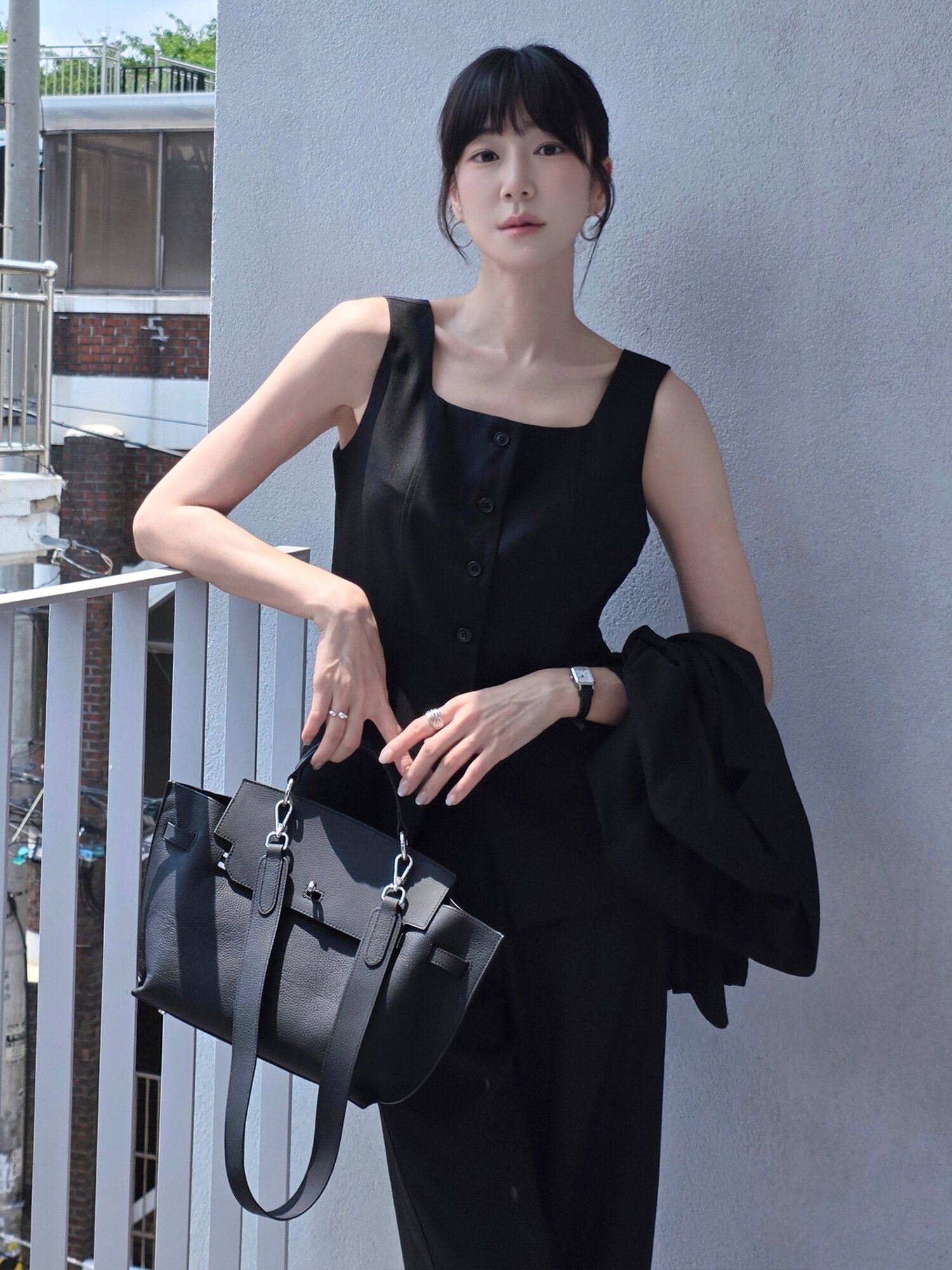 린넨 베스트 블라우스 셋업- 블랙 / Linen Vest Blouse Set up - Black