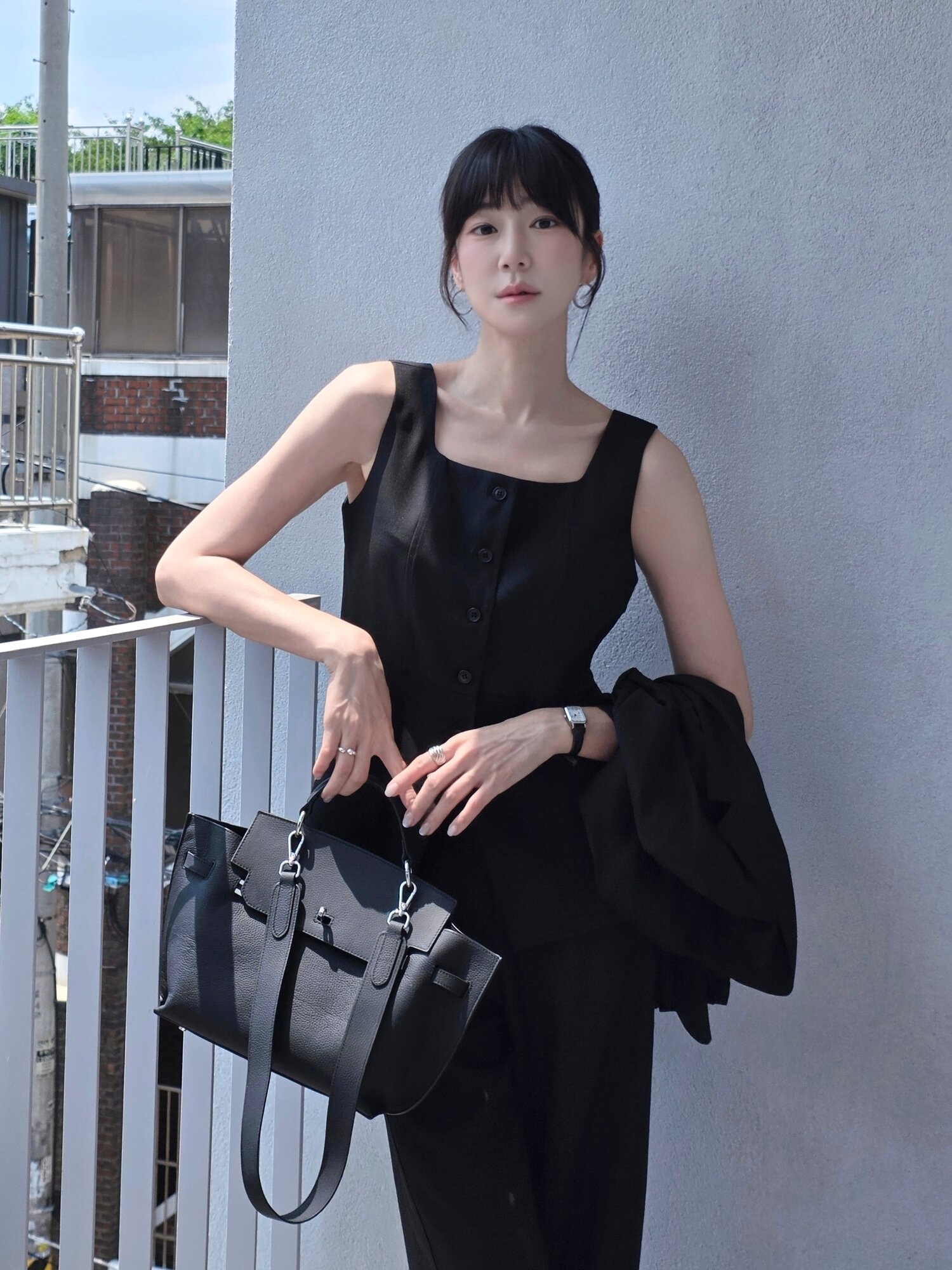 린넨 베스트 블라우스 셋업- 블랙 / Linen Vest Blouse Set up - Black