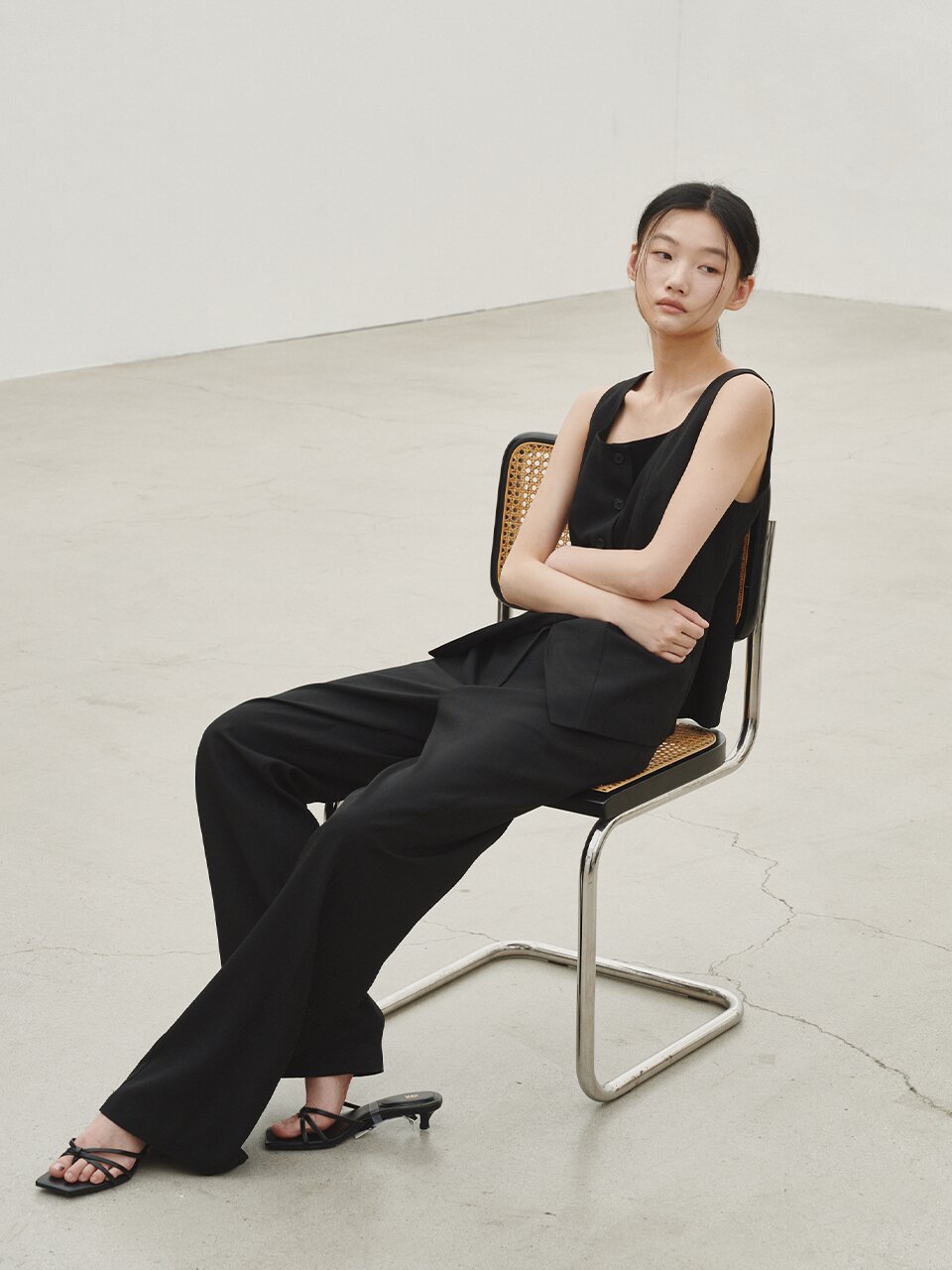 린넨 베스트 블라우스 셋업- 블랙 / Linen Vest Blouse Set up - Black