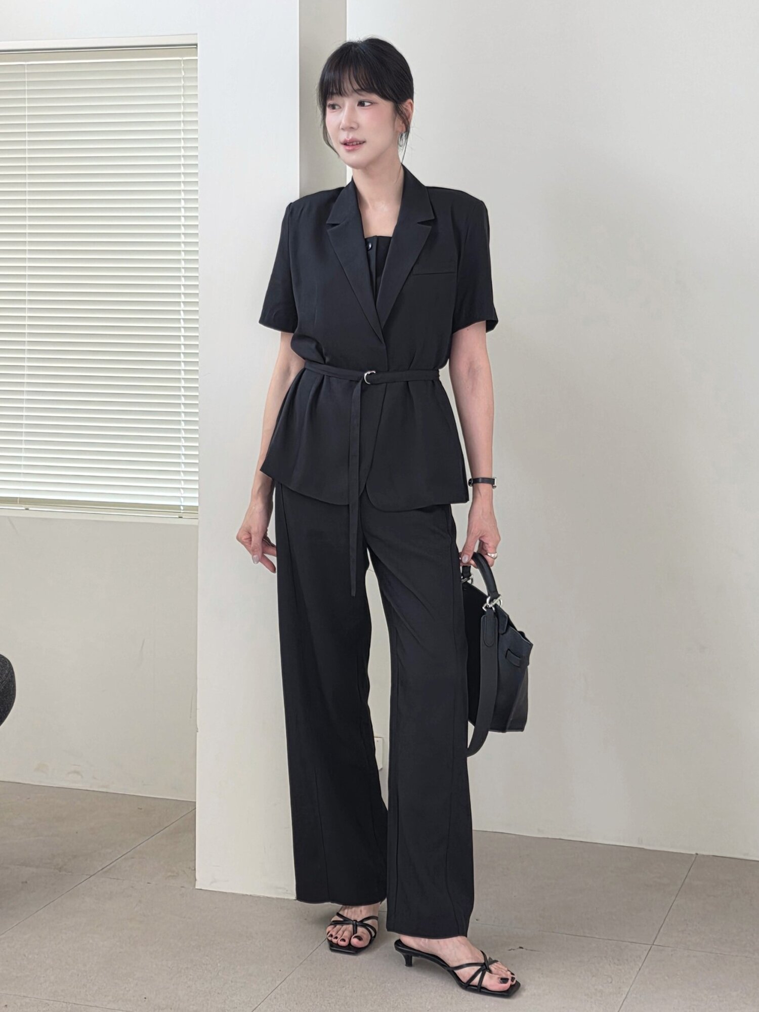 린넨 벨티드 자켓 셋업 - 블랙 / Linen Belted Jacket Set up - Black