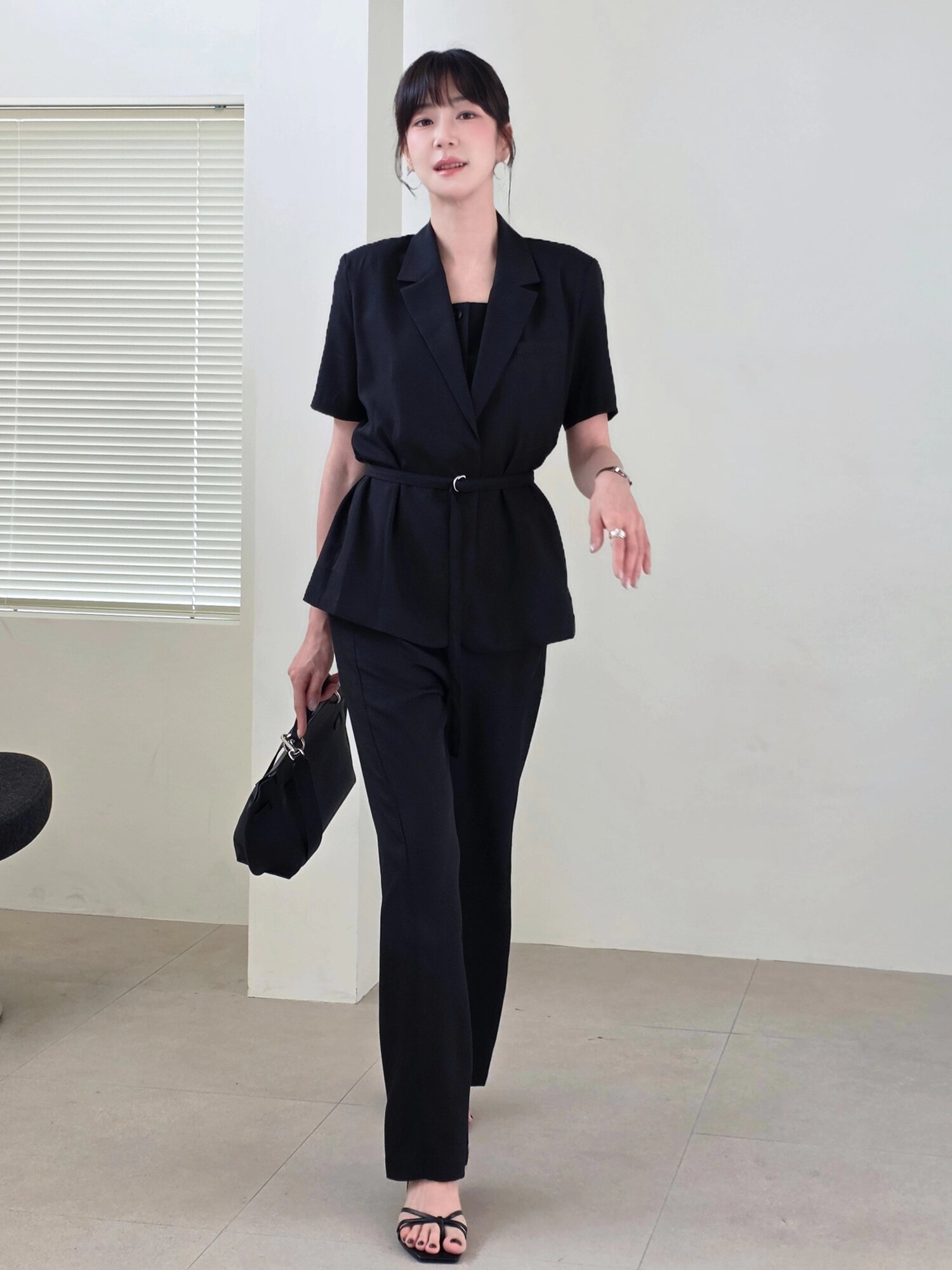 린넨 벨티드 자켓 셋업 - 블랙 / Linen Belted Jacket Set up - Black