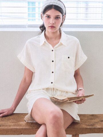 Linen string pocket sleeve shirt_3 Colors