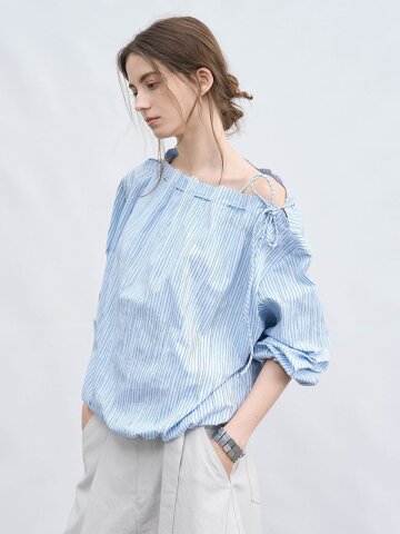 TG_Striped ribbon tie blouse