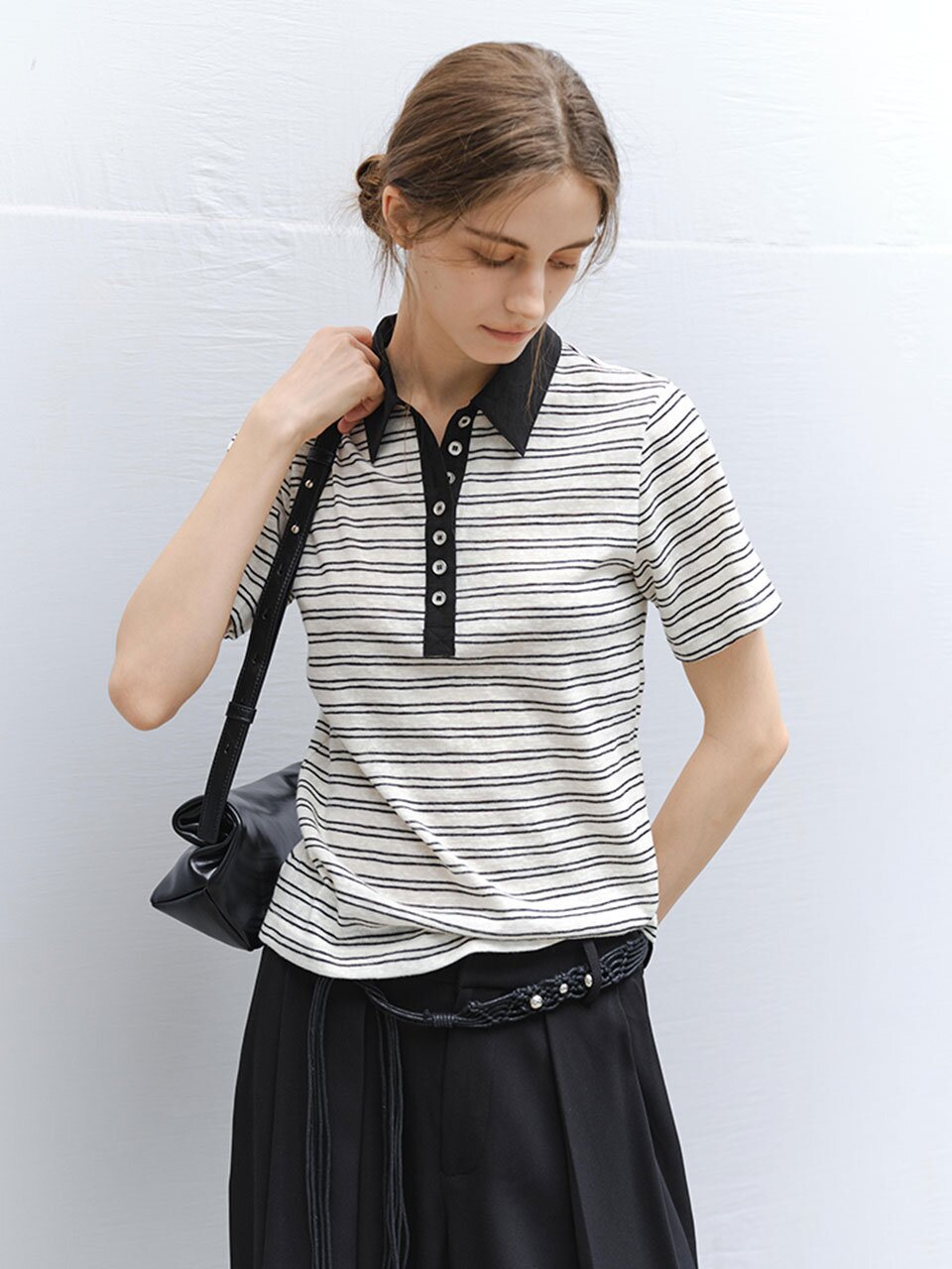 TG_Stripe collar short sleeve top_WHITE