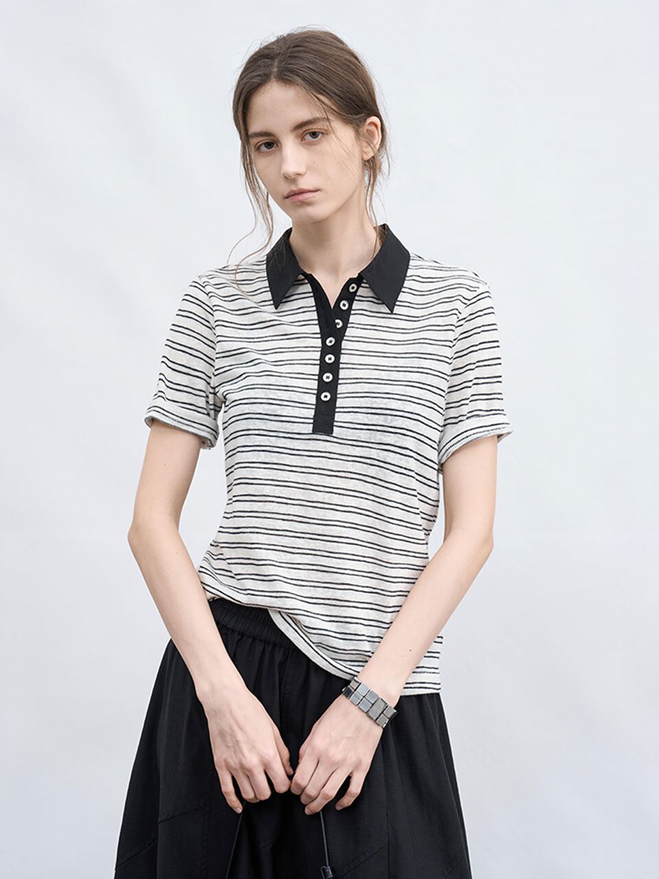 TG_Stripe collar short sleeve top_WHITE
