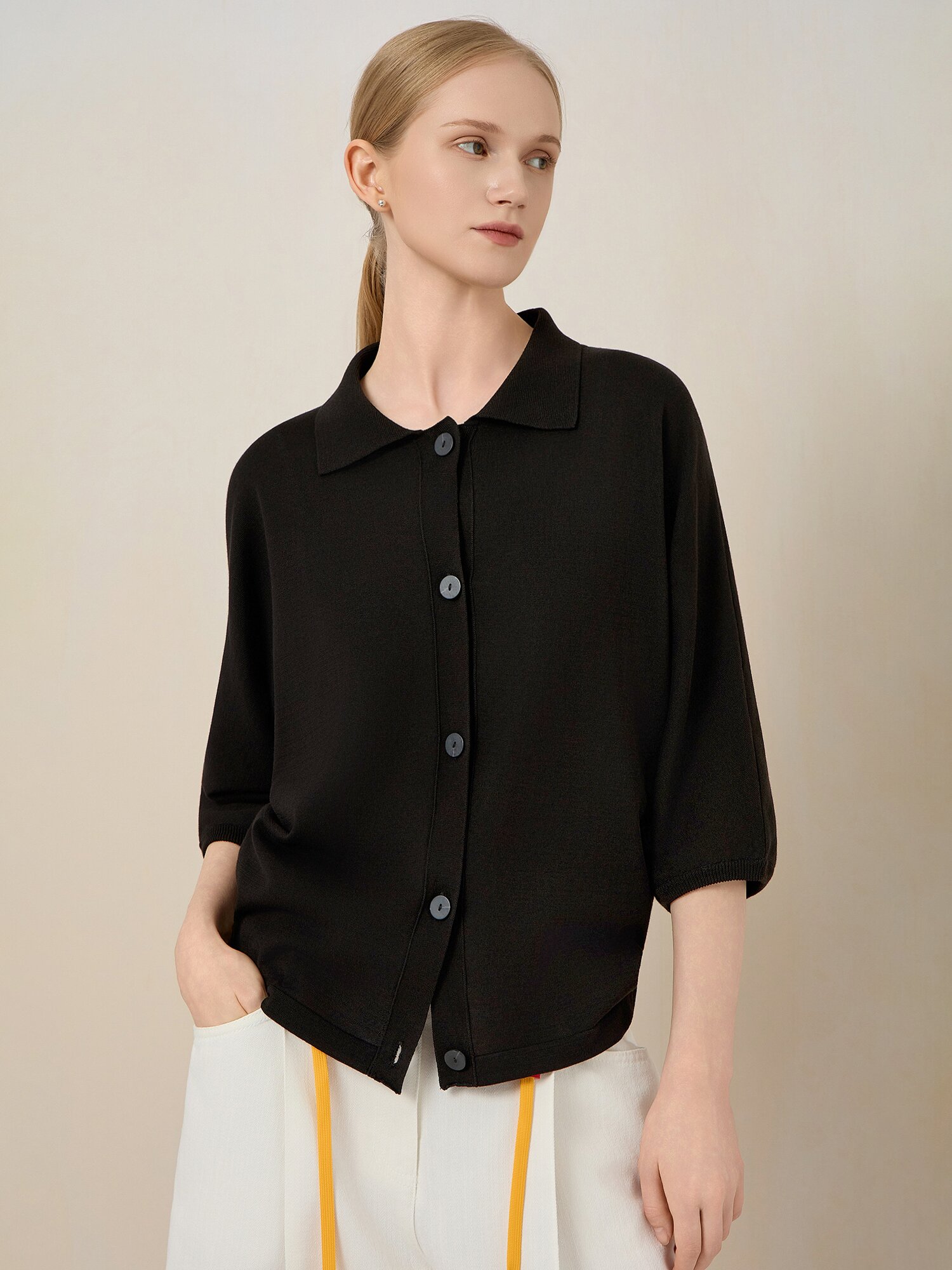 솔리드 칼라 7부 가디건 (BLACK)