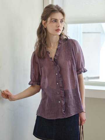 SR_Ruffled collar short-sleeve blouse