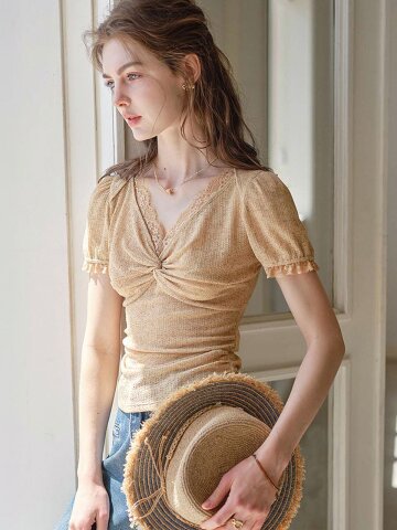 SR_Texture v-neck knit top