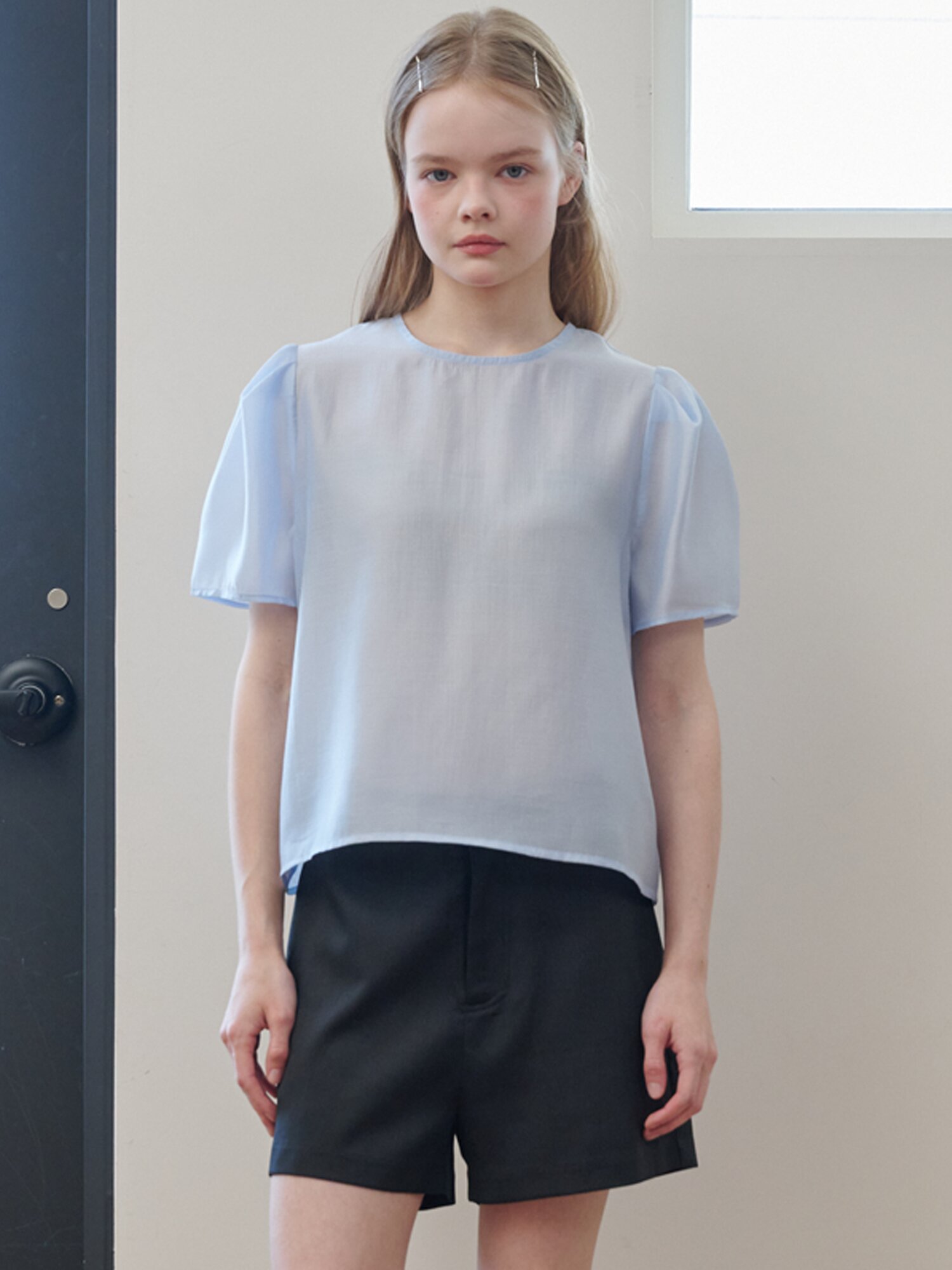 Puff Sleeve Basic Short-sleeved Blouse_Sky Blue