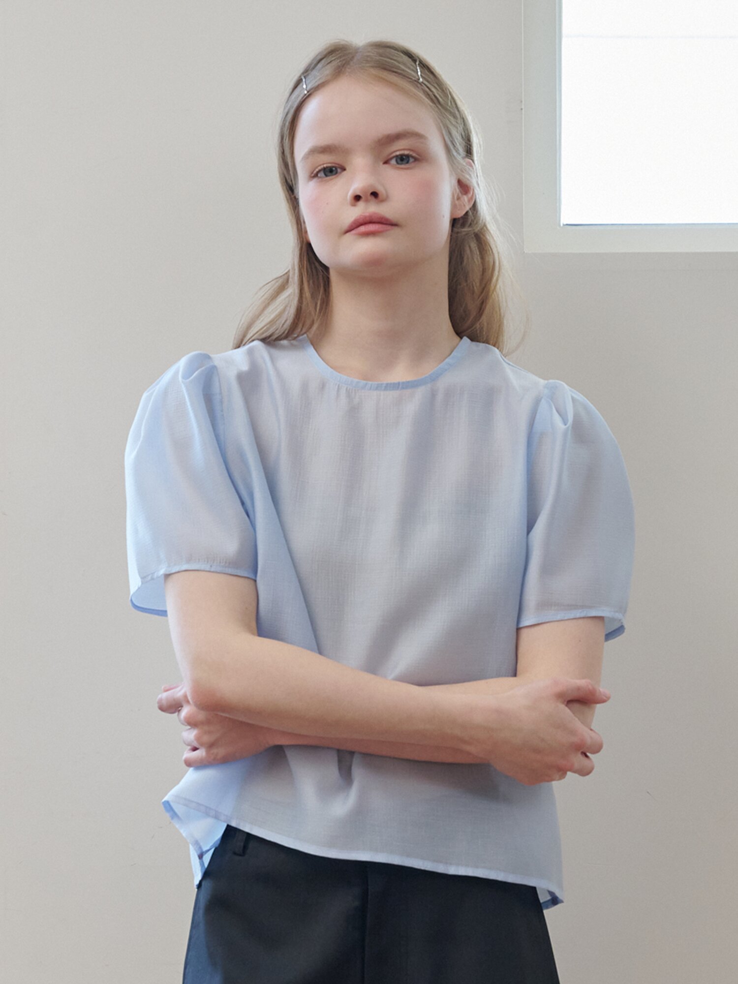 Puff Sleeve Basic Short-sleeved Blouse_Sky Blue