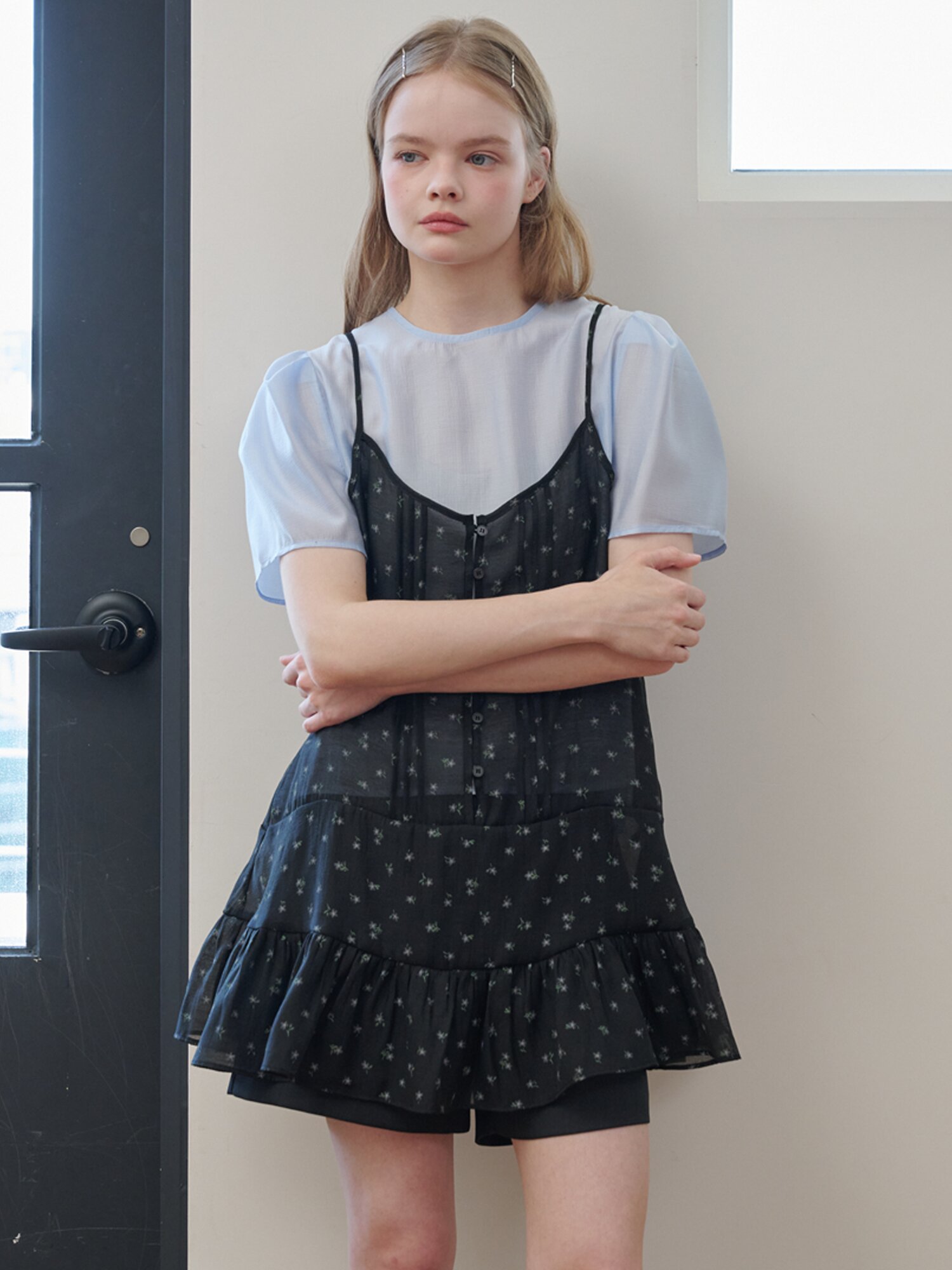 Puff Sleeve Basic Short-sleeved Blouse_Sky Blue