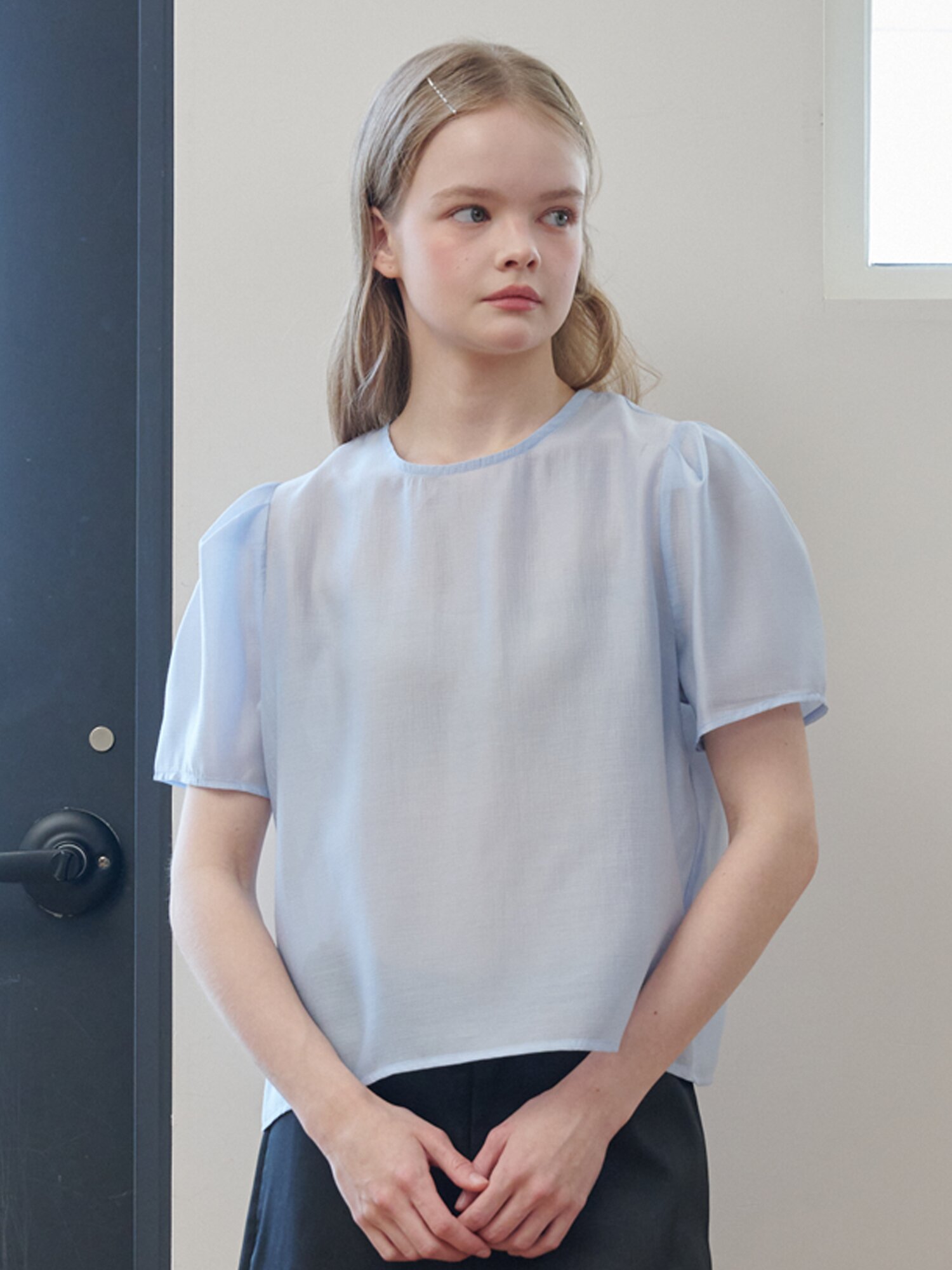 Puff Sleeve Basic Short-sleeved Blouse_Sky Blue