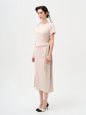 [페리 메라] 보트넥 타이 H라인 미디 원피스 (베이지)