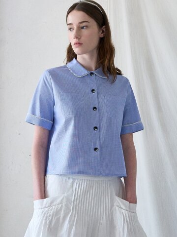 ROUND COLLOR POCKET BLOUSE_BLUE CHECK