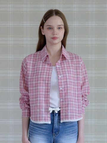 LOVELY CHECK LACE CROP SHIRT_PINK