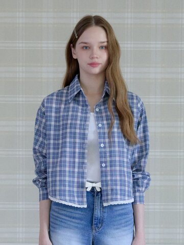 LOVELY CHECK LACE CROP SHIRT_BLUE