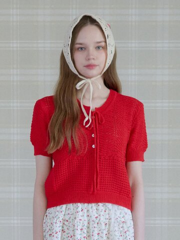 BUBBLE CROCHET RIBBON KNIT_RED