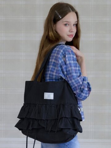 MELLOW FRILL TIERED TOTE BAG_BLACK