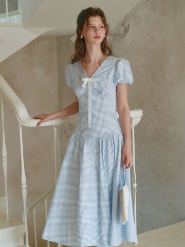 Cest_Gingham puff sleeve shirt dress