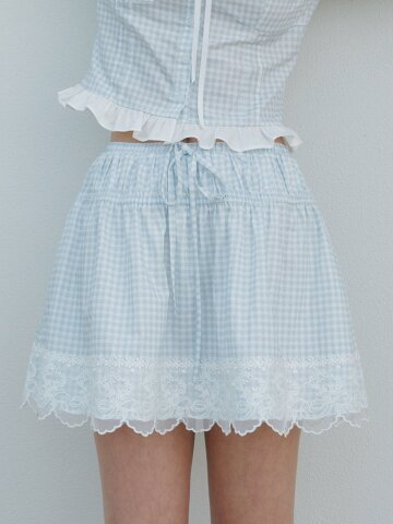 Cest_Gingham lace trim skirt