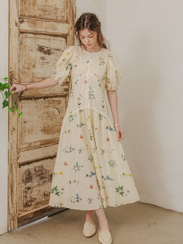 PM_Botanical floral puff sleeve dress_CREAM