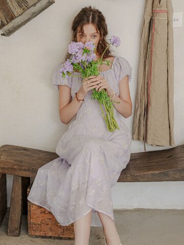 PM_Floral jacquard puff sleeve dress_LIGHT PURPLE
