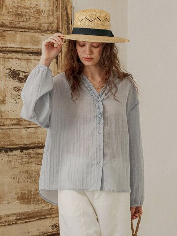 PM_Soft frill v-neck sheer shirt_BLUE