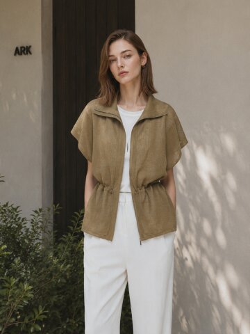 린넨 스트링 집업 니트 베스트 (KHAKI)