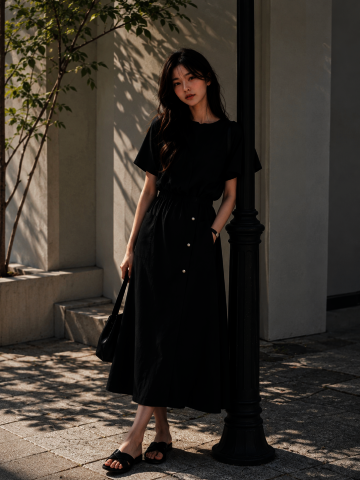 포켓 보트넥 플레어 원피스 