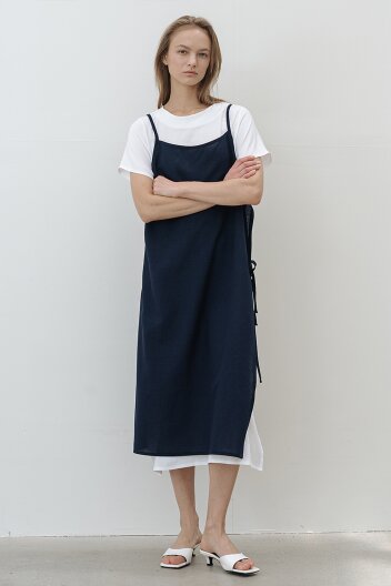 레이어드 리본 하프슬리브 롱 드레스(SET) NAVY