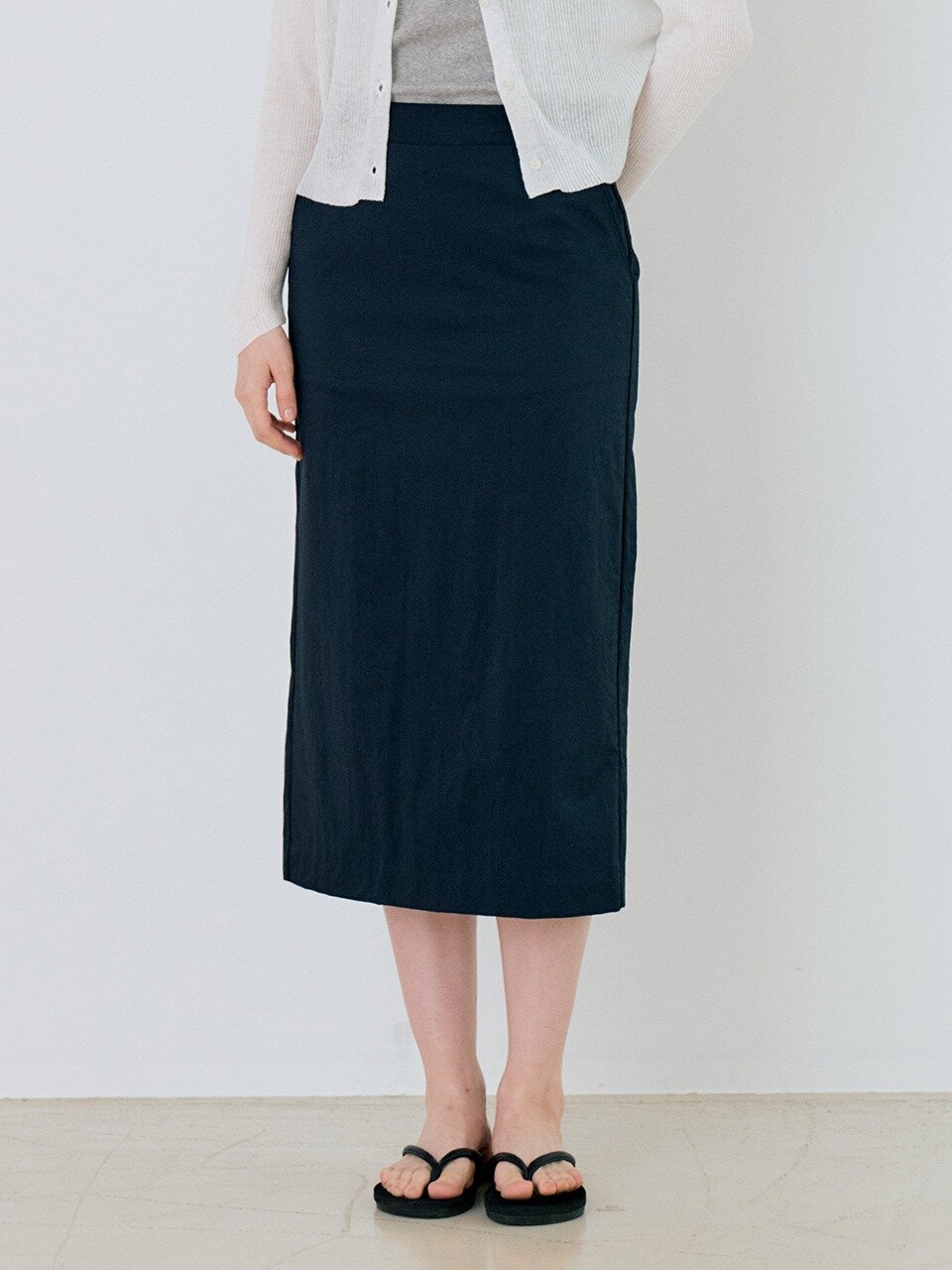 Classic Nylon Pencil Midi Skirt - Navy